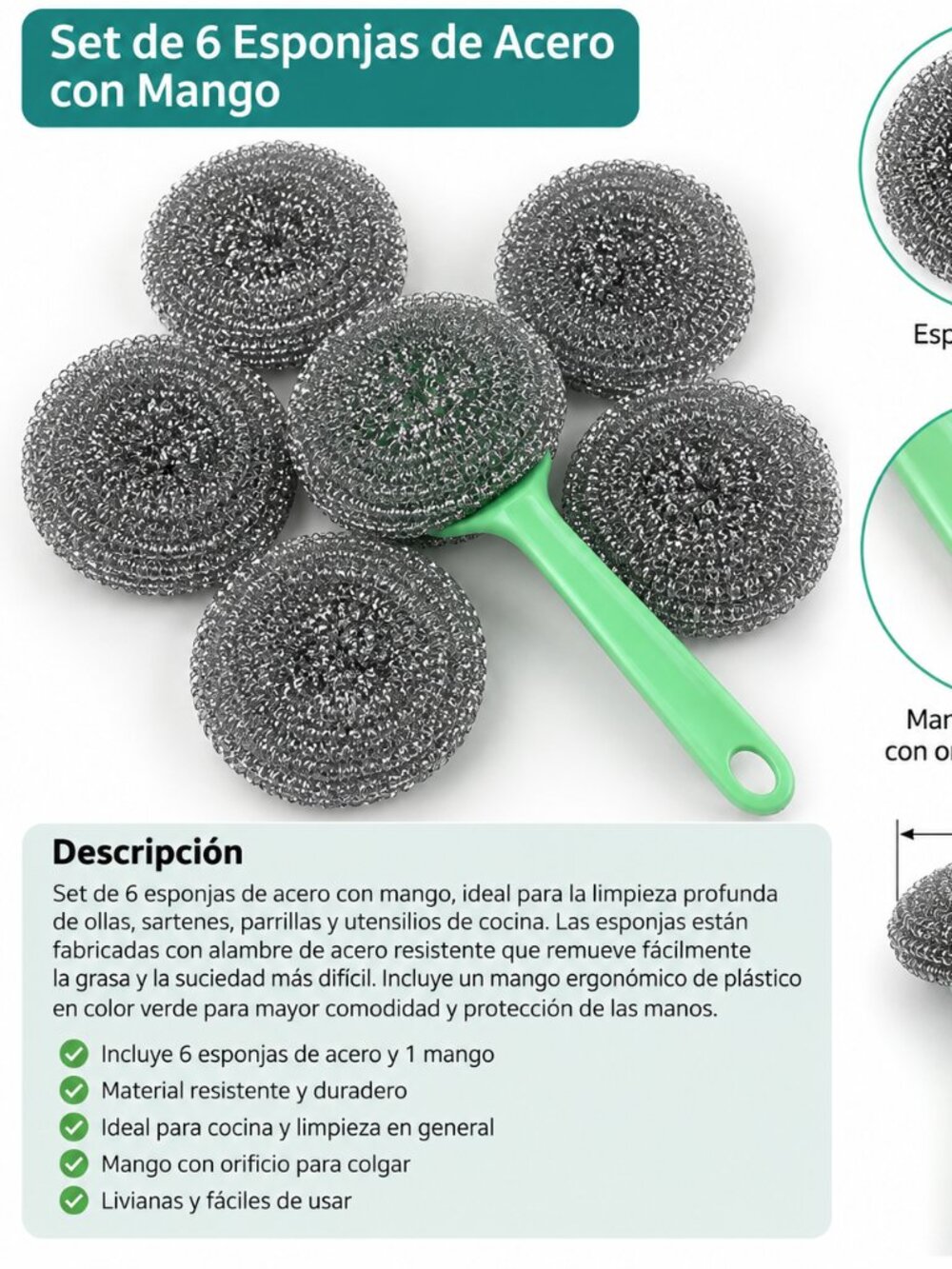 6 esponjas de acero alrededor del mango verde , destacando la textura metálica d - Picture 3 of 4